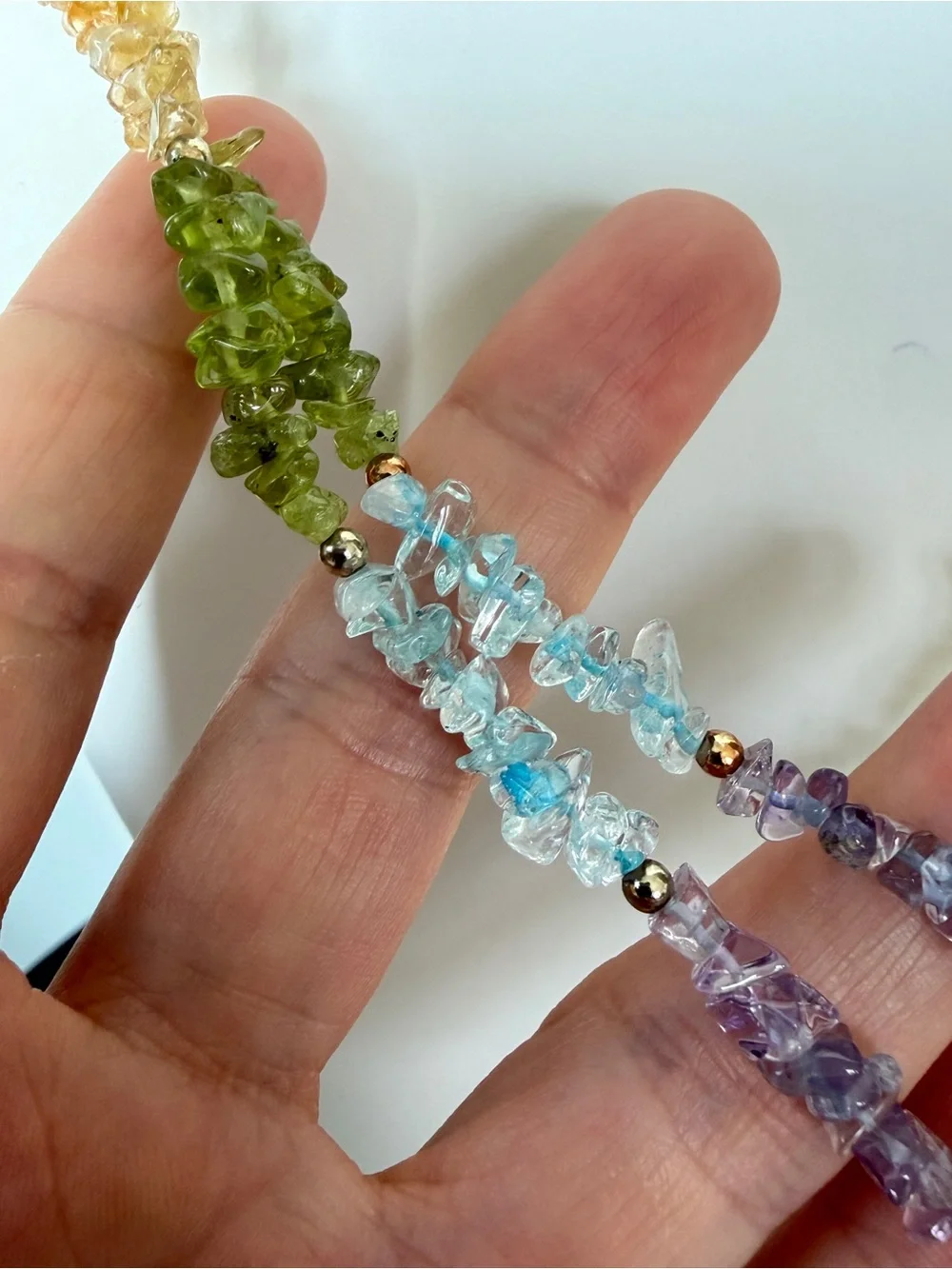 22” citrine, aquamarine, amethyst, peridot chip necklace w/ gold box clasp!
